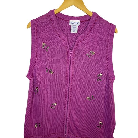 Knit Grannycore Embroidered Vest Large Blair Pink Zipper Floral Cottagecore - Picture 1 of 5